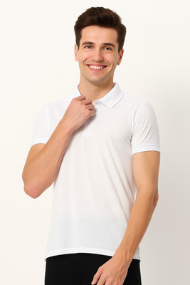KJL Solid Men Polo Neck White T-Shirt