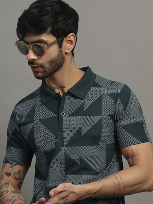 TIMBER HITCH Printed Men Polo Neck Dark Green, Grey T-Shirt