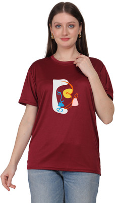 Navya Ecommerce Graphic Print Women Round Neck Maroon T-Shirt