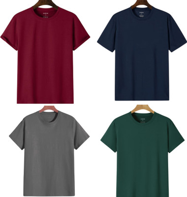 TTFE Solid Men Round Neck Dark Green, Maroon, Navy Blue, Grey T-Shirt