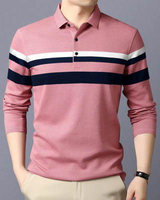 EyeBogler Striped Men Polo Neck Pink T-Shirt