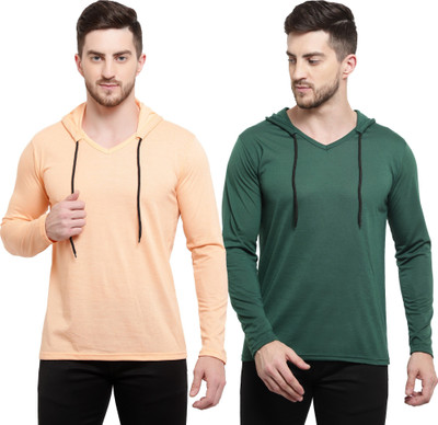 Tresna Fab Solid Men Hooded Neck Dark Green, Orange T-Shirt