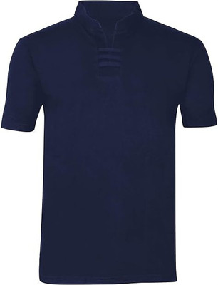 AUSANT Solid Men Mandarin Collar Navy Blue T-Shirt