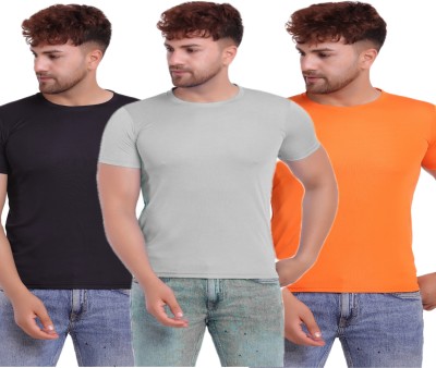 KASPY Solid Men Round Neck Dark Blue, Black, Orange T-Shirt