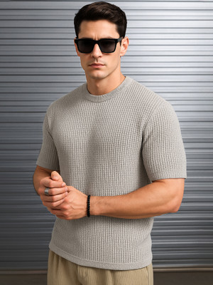 Jump Cuts Solid Men Round Neck Grey T-Shirt