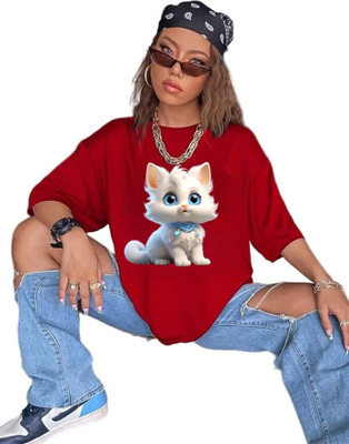 Fluffy Enterprises Printed Women Round Neck Red T-Shirt