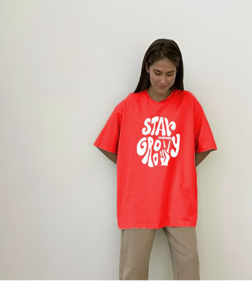 etsun Typography Women Round Neck Red T-Shirt