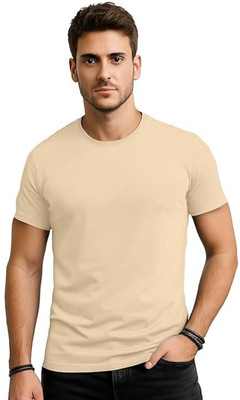 SONIZEED Solid Men Round Neck Beige T-Shirt