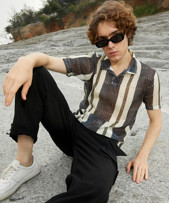 CAMPUS SUTRA Striped Men Polo Neck Blue T-Shirt