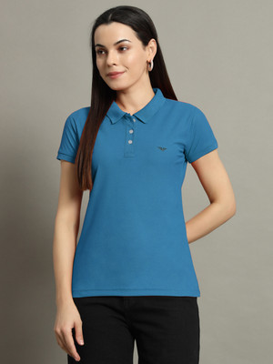 RISS Solid Women Polo Neck Blue T-Shirt