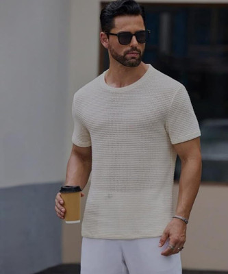 IMSA MODA Self Design Men Round Neck White T-Shirt