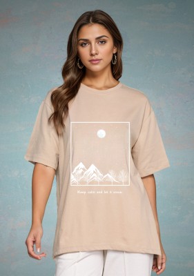 SLENOR Graphic Print Women Round Neck Beige T-Shirt