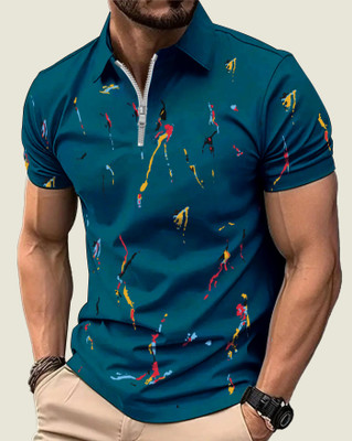 ENITOR Printed Men Zip Neck Dark Blue T-Shirt