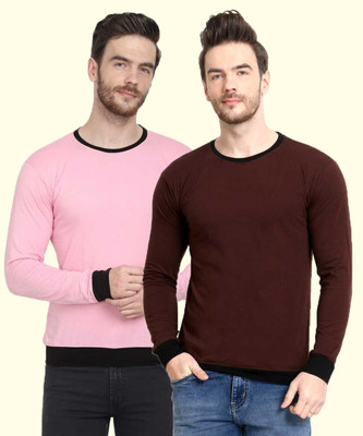 Diwazzo Solid Men Round Neck Brown, Pink T-Shirt