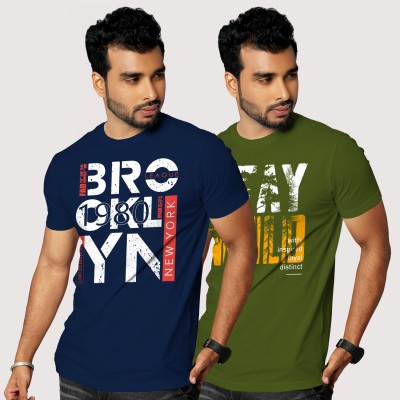 FADMARK Printed Men Round Neck Dark Blue, Green T-Shirt