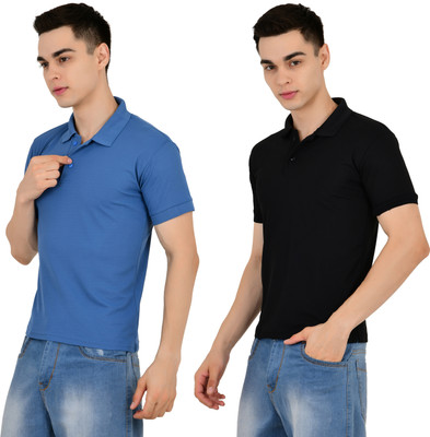 TRIZON Solid Men Polo Neck Black, Blue T-Shirt
