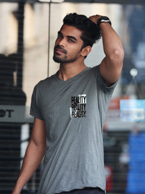 SQUIRREL CREATION Solid, Typography Men Round Neck Grey T-Shirt