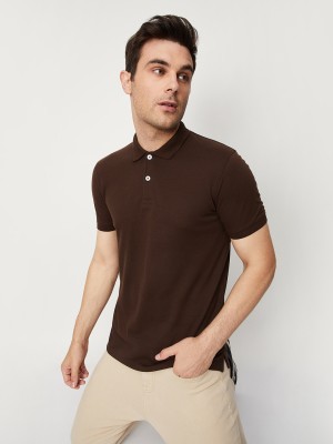 MAX Solid Men Polo Neck Brown T-Shirt