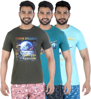 COLORS by Rupa Frontline Printed Men Round Neck Dark Green, Green, Light Blue T-Shirt