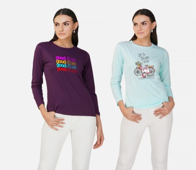 CHOZI Printed Women Round Neck Light Blue, Purple T-Shirt