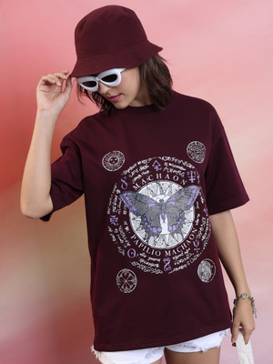 Tokyo Talkies Printed, Typography Women Round Neck Maroon T-Shirt