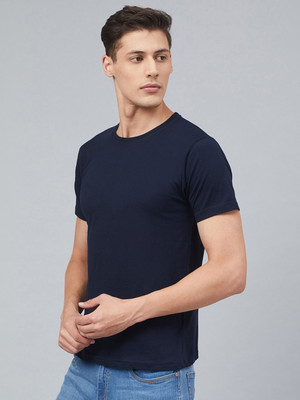 RULEDBYSUN Solid Men Round Neck Navy Blue T-Shirt