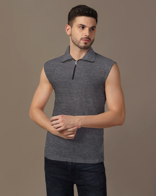 GEUM Solid Men Polo Neck Grey T-Shirt