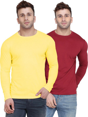 New Trends Collection Solid Men Round Neck Maroon, Yellow T-Shirt