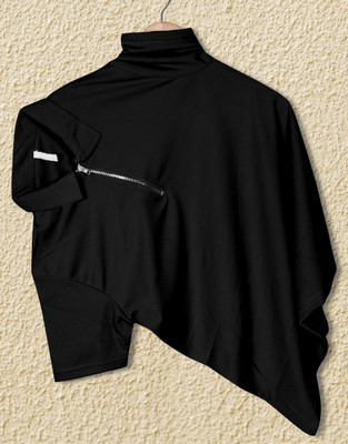 PRAIZY Solid Men Zip Neck Black T-Shirt