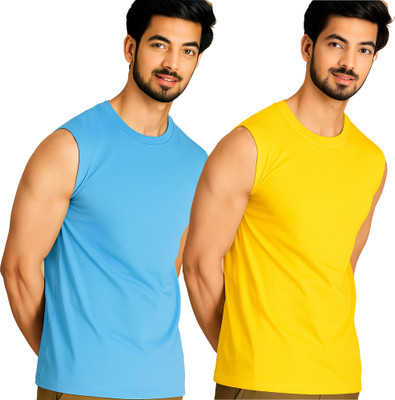 Adorbs Solid Men Round Neck Blue, Yellow T-Shirt