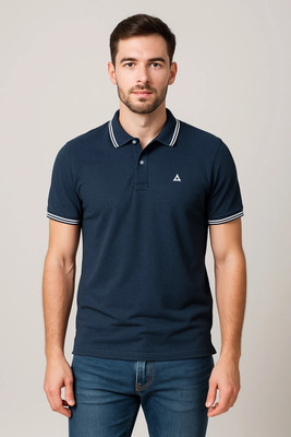 DAUACE Solid, Striped Men Polo Neck Blue T-Shirt