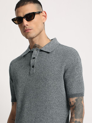 THE BEAR HOUSE Self Design Men Polo Neck Blue T-Shirt