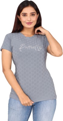 Janiya Self Design Women Round Neck Grey T-Shirt