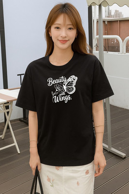 MAJESTIC FASHION Printed Women Round Neck Black T-Shirt