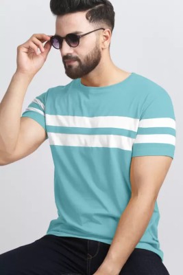 R RIDACHY Striped Men Round Neck Light Blue T-Shirt