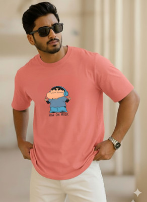 SINNER STREET Printed, Cartoon, Self Design Men Round Neck Orange T-Shirt