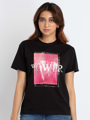 Status Quo Printed Women Round Neck Black T-Shirt