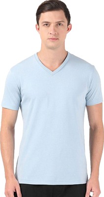 ADRO Solid Men V Neck Light Blue T-Shirt