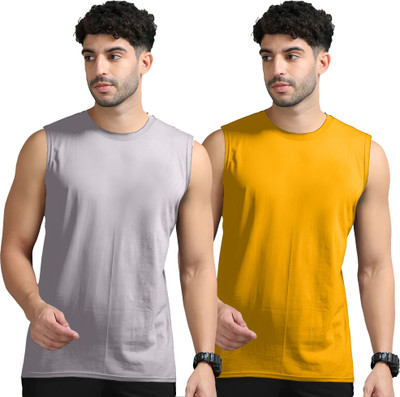 Moordale Solid Men Round Neck Grey, Yellow T-Shirt
