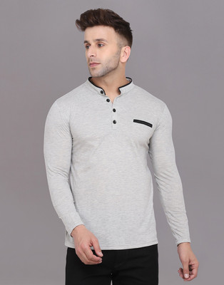 GEUM Solid Men Mandarin Collar Silver T-Shirt