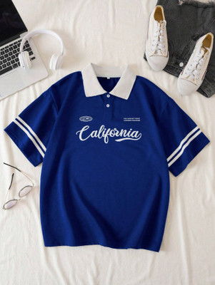 AVEJO Printed Men Polo Neck Blue T-Shirt