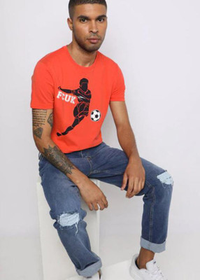 French Connection Printed Men Round Neck Orange T-Shirt
