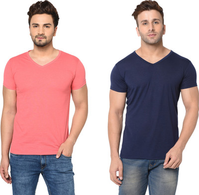 Tresna Fab Solid Men V Neck Dark Blue, Pink T-Shirt