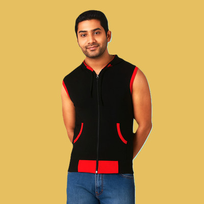VASTRAART Solid Men Hooded Neck Black, Red T-Shirt