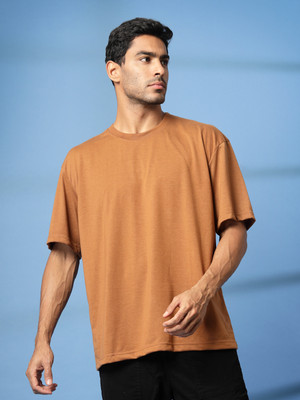 Mast & Harbour Solid Men Round Neck Brown T-Shirt