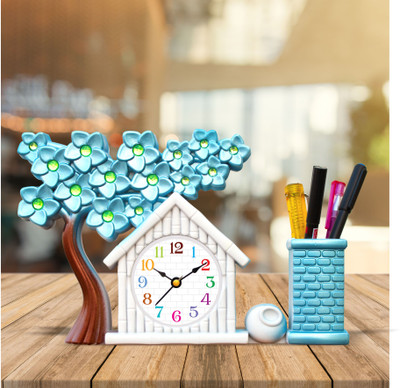 ART OCEAN 1 Compartments Plastic Pen Stand with Analog Clock(White, Blue, Brown)