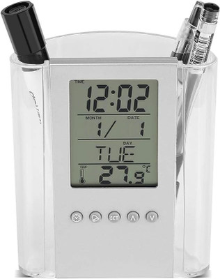 JAMBOREE 1 Compartments Plastic Digital Desk Clock with Pen Holder – Multifunctional LED Display Digital Desk Clock with Pen Holder(Silver)
