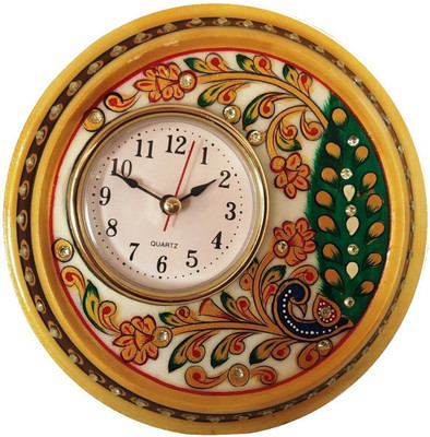 Craftam Analog Multicolor, Marble Made , Gold Painted with Meenakari Work Handmade Round Table Clock