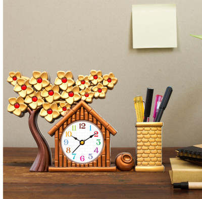 ART OCEAN 1 Compartments Plastic Pen Stand with Analog Clock(Orange, Golden, Brown)