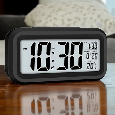 JIWA ESSENCE Digital Compact Table Alarm Clock with Automatic Sensor, Date and Temperature Display, Black Clock